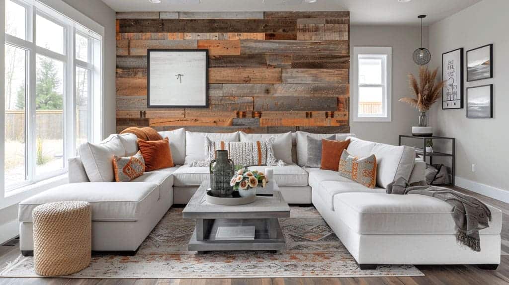 A cozy living room with a large white sectional sofa, orange and patterned pillows, a rustic accent wall using reclaimed wood in home remodels, a coffee table with decor, woven ottoman, large windows, and neutral-toned artwork and accessories.