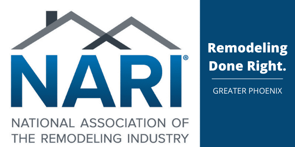 Logo of the National Association of the Remodeling Industry (NARI) with stylized roofs above the text; on the right, it says Remodeling Done Right. Certified Professional Greater Phoenix on a blue background.