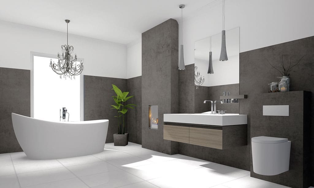 Transform your bathroom into a modern oasis featuring a freestanding white bathtub, floating vanity, large mirror, wall-mounted toilet, hanging pendant lights, chandelier, and a tall green plant. Stylish gray and white tones complete the look.