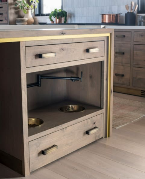 hidden dog bowls in kitchen island