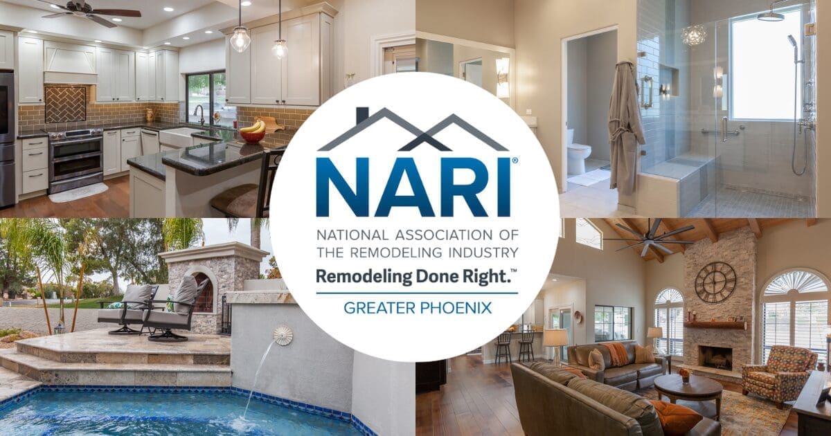 A collage of home interiors—kitchen, bathroom, living room, and a backyard patio with pool—showcases Homework Remodels. The NARI Greater Phoenix logo and “Remodeling Done Right” are centered over the images.