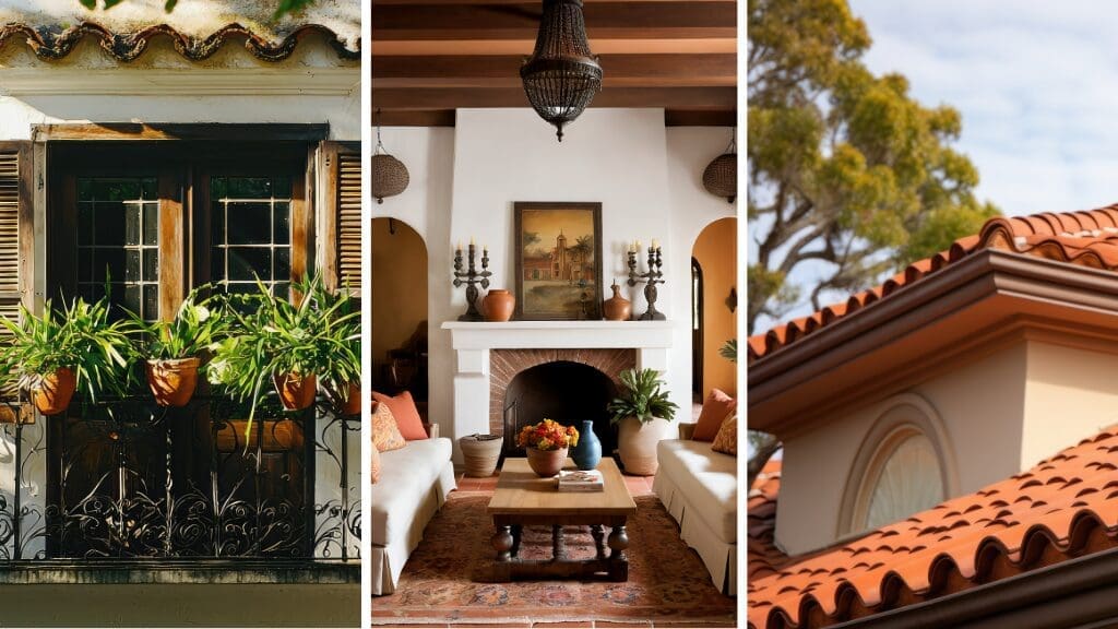 A collage showing a window with potted plants, a cozy living room with a fireplace, and a close-up of a terracotta tiled roof under a blue sky, capturing the charm of a historic home.