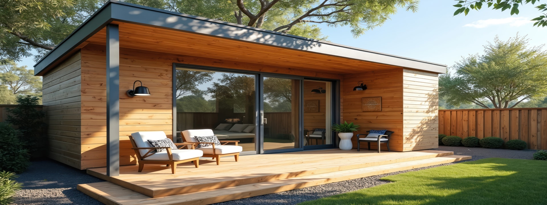 A modern wooden ADU tiny house with large glass doors opens onto a small deck with two chairs and cushions. The house is surrounded by green grass, trees, and a wooden fence, under a clear blue sky.