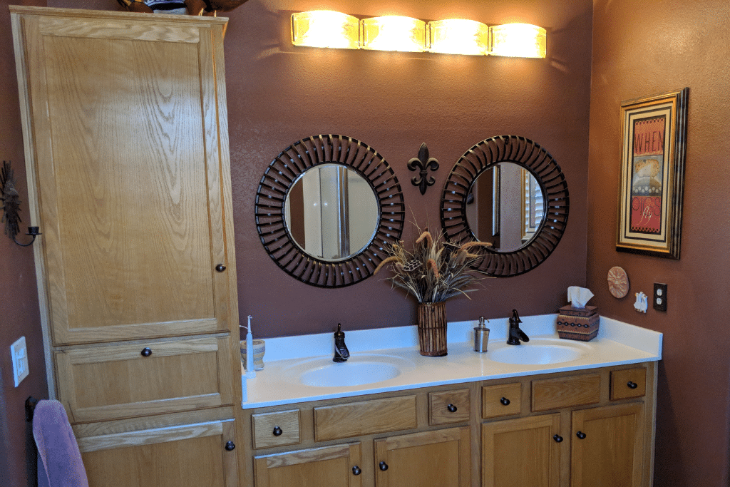 Before Refresh | maple cabinetry and white countertops