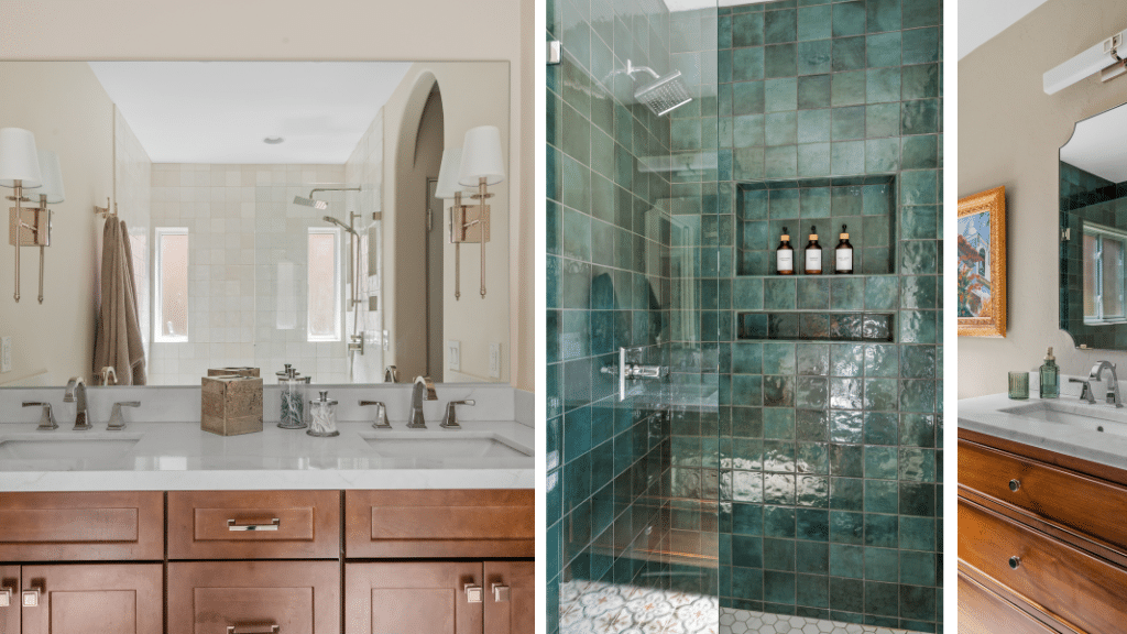 Three images: a double sink vanity with a large mirror, a green tiled walk-in shower with toiletries on built-in shelves, and a vanity with a mirror, green bottle, and framed painting—capturing Phoenix Historic Home Renovation details.