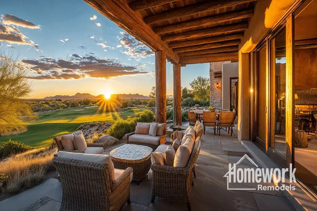 Outdoor patio with cushioned seating and a round table overlooks a scenic golf course at sunset in Scottsdale, AZ. Warm sunlight illuminates the space. Homework Remodels logo appears in the corner.