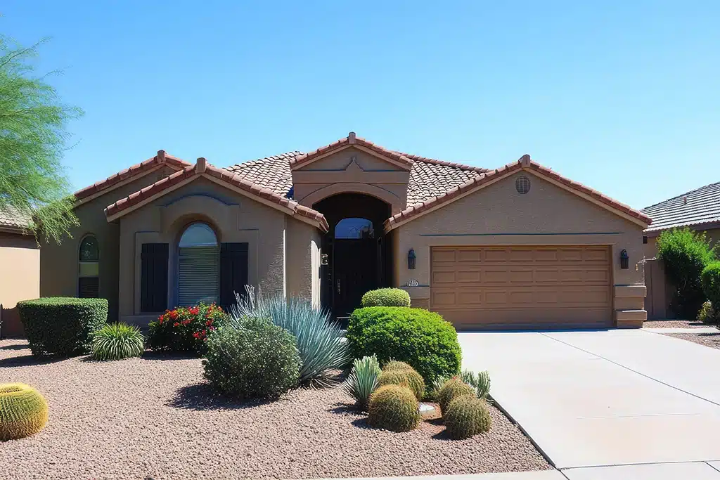 Tempe AZ home with a tiled roof, arched entryway, two-car garage, and desert landscaping featuring rocks, cacti, and shrubs under a clear blue sky.