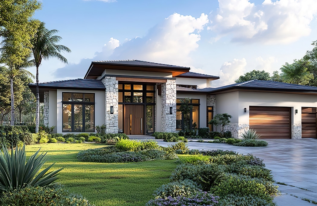A modern single-story house with large windows, stone pillars, and a flat roof sits amid a landscaped garden with green grass and bushes. A driveway leads to a three-car garage with wooden doors.