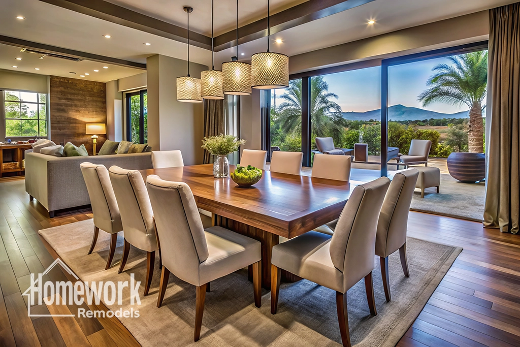 Elegant modern dining and living area with a wooden table, upholstered chairs, large windows, pendant lights, and scenic views of palm trees and mountains—perfect inspiration for your home remodeling Scottsdale project. Homework Remodels logo in the corner.