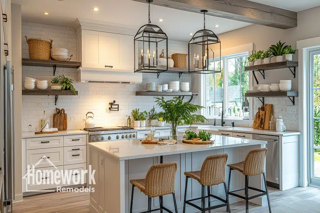 Bright, modern Scottsdale kitchen with white cabinets, a large island, wicker barstools, open shelving, and greenery. Two black lantern-style pendant lights showcase stylish kitchen lighting. Sunlight streams in through large windows. Homework Remodels logo on image.