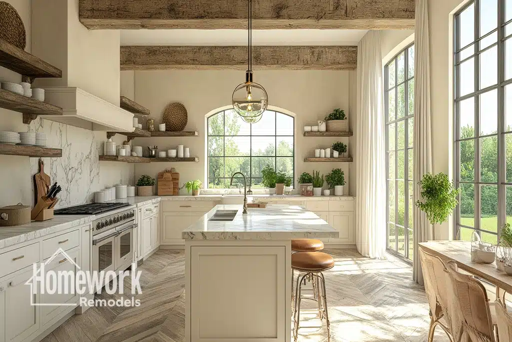 Bright, airy Scottsdale kitchen with large windows, white cabinets, marble island, wooden shelves, and rustic beams. Sunlight fills the room and greenery is visible outside. Homework Remodels logo appears in the bottom left corner.