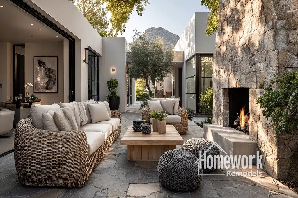 A stylish outdoor patio designed for Arizona desert homes features wicker sofas, a wooden coffee table, poufs, and a stone fireplace. Surrounded by modern buildings with mountain views, it reflects energy-efficient remodeling. Homework Remodels logo is displayed.
