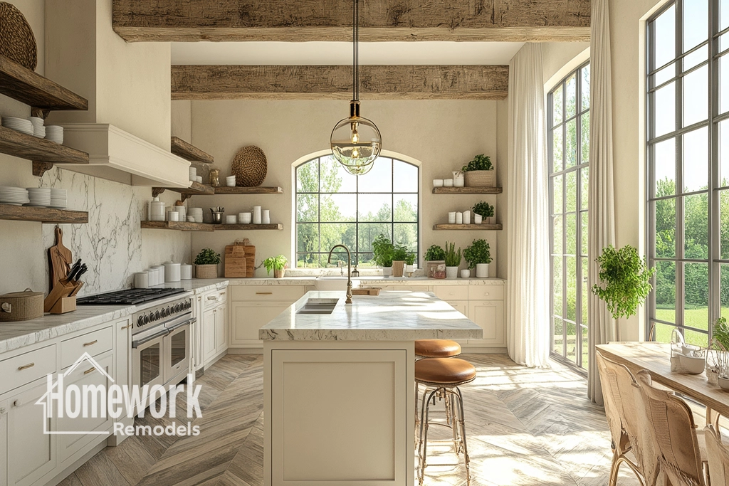 Bright, modern Tempe farmhouse kitchen with white cabinets, marble island, wooden beams, open shelves, and large windows letting in natural light. Homework Remodels logo appears in the corner.