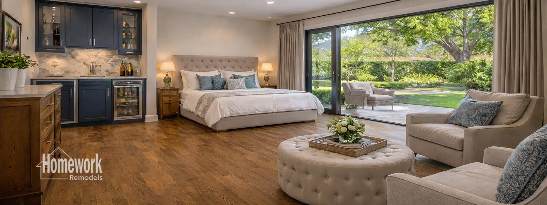 Spacious, elegant bedroom in this Arcadia home features hardwood floors, a large bed, blue accent pillows, a built-in minibar, and glass doors opening to a patio with outdoor seating and lush garden views—ideal as an inviting in-law suite.