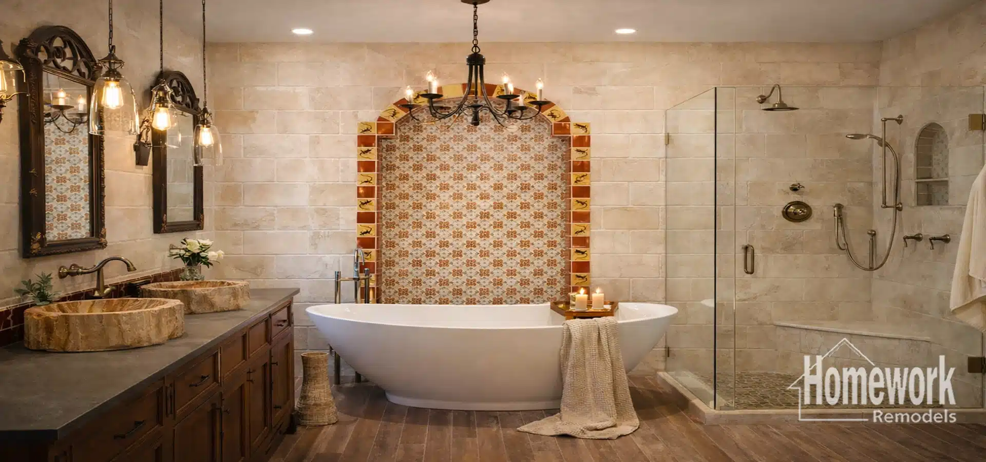 A stylish bathroom remodel in Encanto Palmcroft features a freestanding tub with a patterned tile alcove, dual stone sinks on a wooden vanity, glass shower, chandelier, and warm lighting. The Homework Remodels logo appears in the corner.