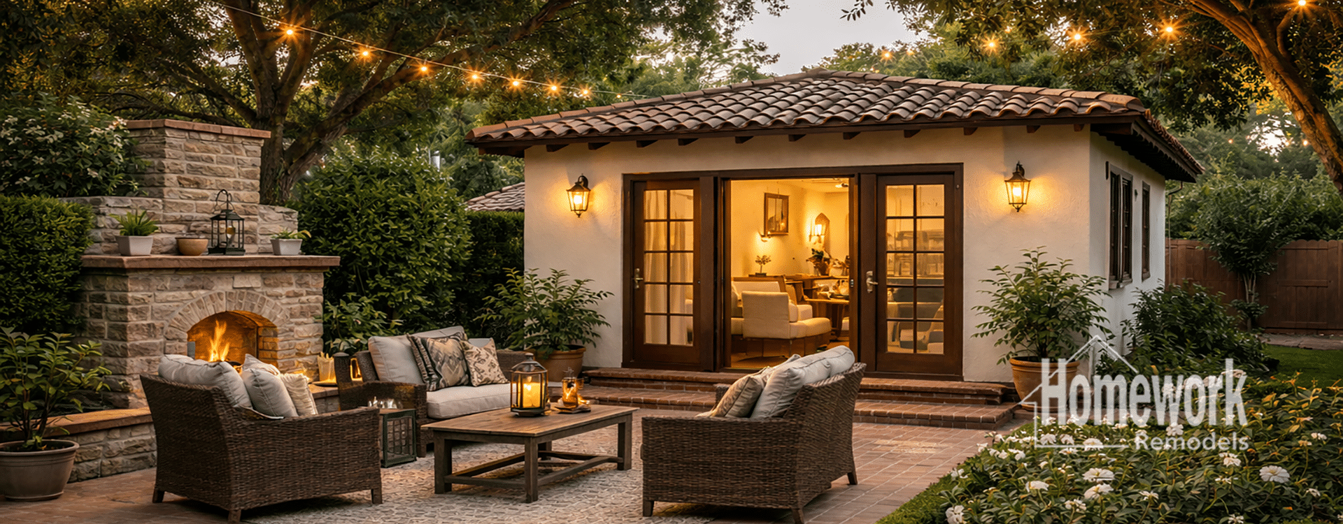 Cozy backyard patio with outdoor seating, string lights, and a stone fireplace, facing a small stucco casita with French doors, lit warmly inside. Trees and lush greenery surround this inviting Encanto Palmcroft space.