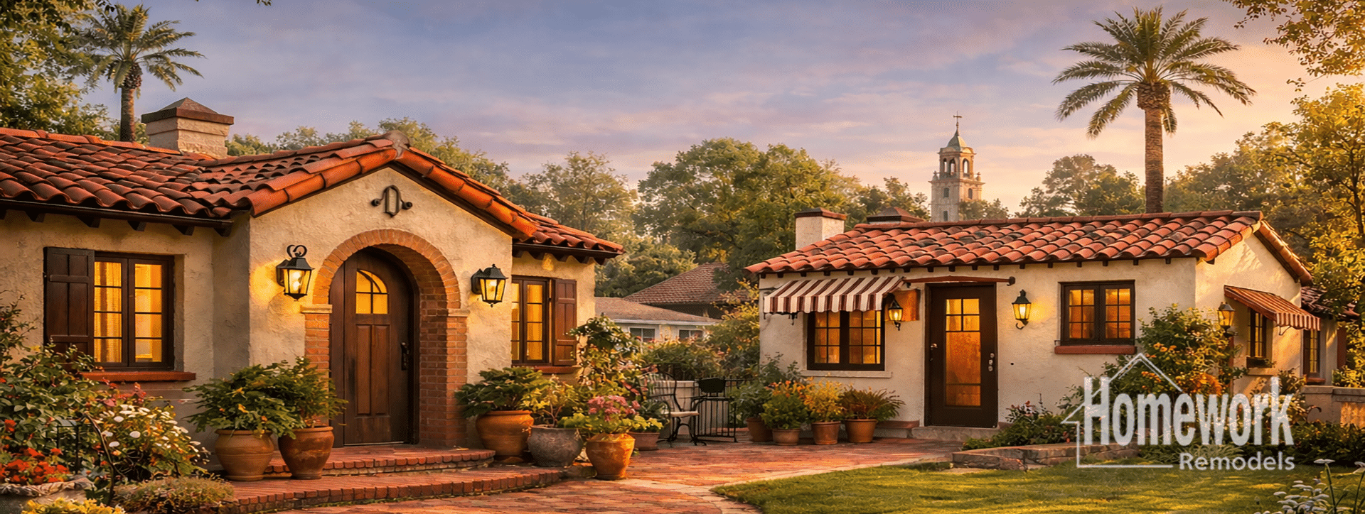 A charming Spanish-style home with a similar styled guest house, clay tile roofs, warm exterior lights, lush landscaping, and potted plants at sunset. Palm trees and a church tower are visible in the background. Text reads: “Homework Remodels.”.