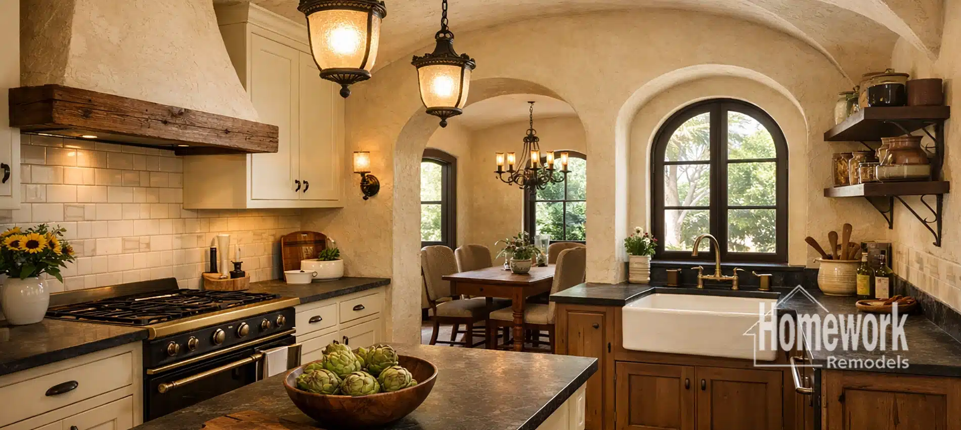 A warm, rustic kitchen in Encanto Palmcroft features arched doorways, lantern lights, a farmhouse sink, stone counters, wood cabinetry, and a dining area with garden views—showcasing expert kitchen remodeling by Homework Remodels.