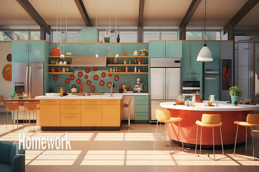 A modern kitchen inspired by Mid-Century Modern Homes features teal and orange cabinetry, open shelves, a circular island with yellow chairs, and sunlight streaming in. Appliances are neatly arranged, showcasing a different approach to remodeling. Homework Remodels logo in the corner.