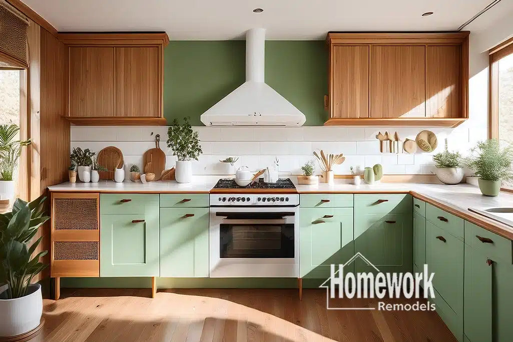 Modern kitchen with green and wood cabinets, white tile backsplash, white range hood, plants, and natural light—perfect for mid-century modern homes. Homework Remodels logo appears in the lower right corner.