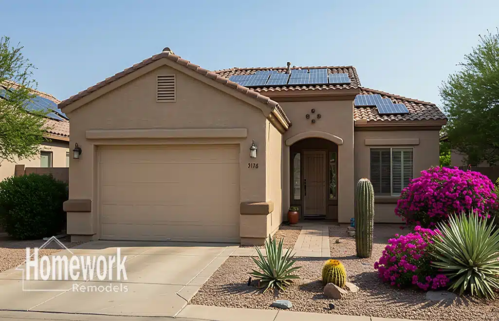 A beige stucco North Glendale home with solar panels, a two-car garage, desert landscaping with cacti and flowering bushes—modernize an older home while retaining its character. Homework Remodels logo sits in the bottom left corner.