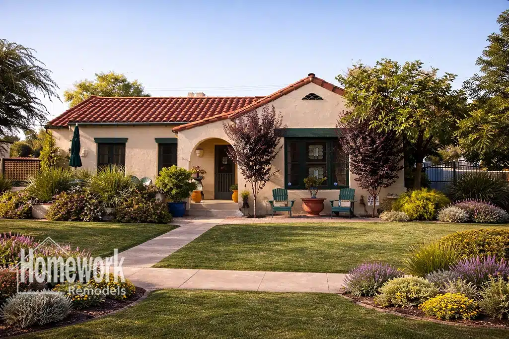 A charming stucco house in Roosevelt with a red tile roof, green window trim, and archway sits behind a lush garden. Embracing Urban Living, two blue chairs and a large pot decorate the porch. Homework Remodels logo is visible.