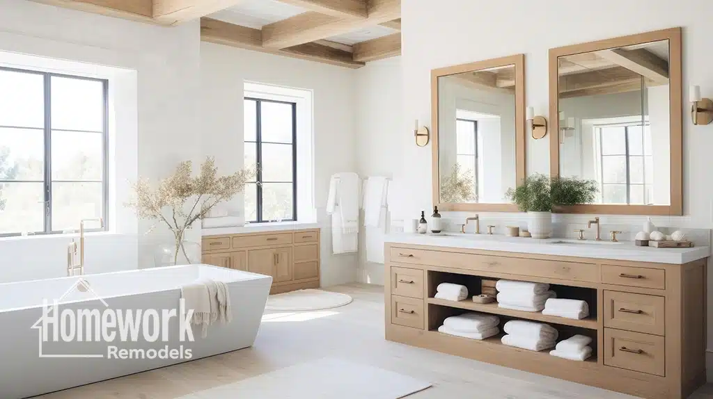 Bright, modern bathroom with light wood cabinets, a large bathtub, double sinks, and soft natural lighting. Towels and plants add a cozy touch. Perfect for Tempe Homes seeking 2026 trends in bathroom remodeling. Homework Remodels logo in the corner.