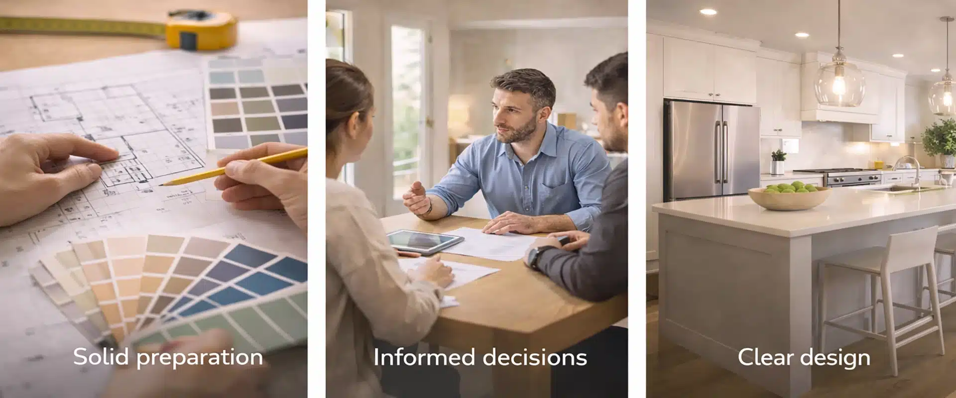 Three images side by side: hands holding color swatches and drawing blueprints labeled “Solid preparation,” people discussing plans labeled “Informed decisions,” and a modern kitchen labeled “Clear design”—all key steps in a successful home improvement or remodeling project.