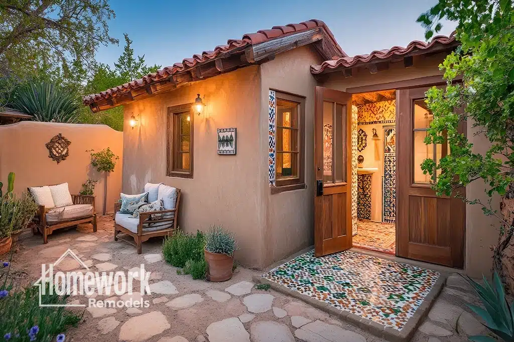 A cozy adobe-style Scottsdale house with a red tile roof, colorful mosaic tiles by the door, a wooden bench with cushions on the patio, potted plants, and stone pathway, surrounded by lush greenery at sunset. Homework Remodels logo is visible.