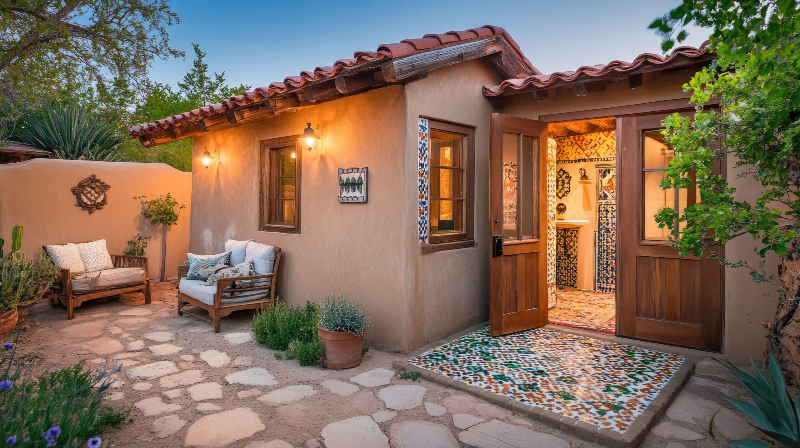 A small adobe-style Tempe house with a tiled roof, open wooden door, and colorful tile accents serves as a cozy ADU. Surrounded by plants in a warm Tempe courtyard, it offers inviting outdoor seating—perfect for multi-generational families.