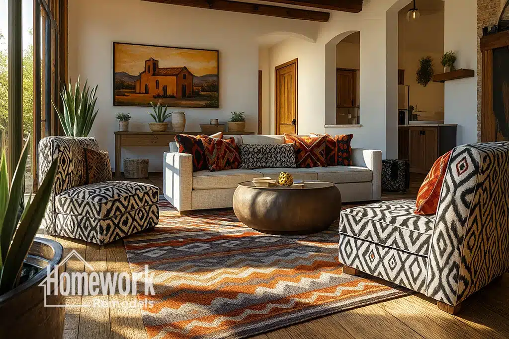 A stylish living room with patterned chairs, a beige sofa, a round coffee table, geometric rug, potted plants, and warm sunlight streaming in. Homework Remodels logo appears in the bottom left corner—experts in Remodeling Tempe.