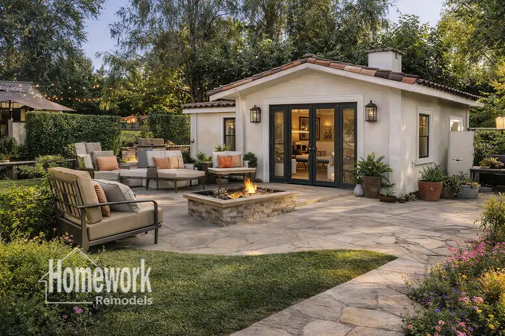 A cozy backyard patio with cushioned seating around a fire pit, stone paving, potted plants, and a small white house with double glass doors. Perfect for expanding your home or inspiring home remodeling Arcadia. Homework Remodels logo in the corner.