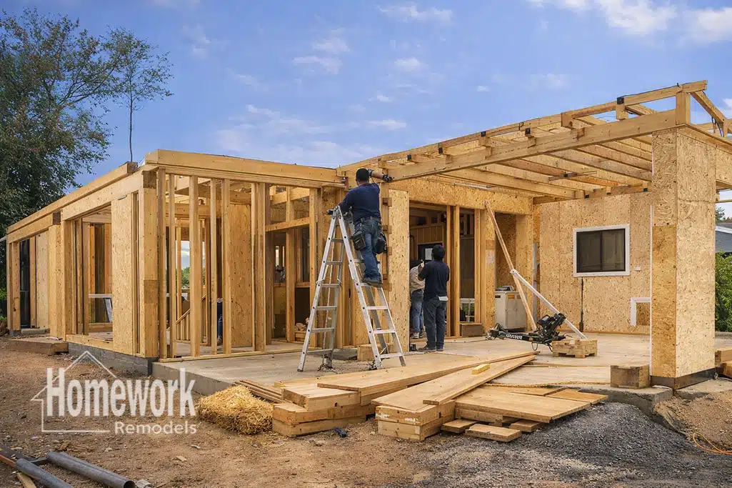 Two construction workers build a wooden house frame under a clear sky in Arcadia. Lumber and tools are scattered around the site, highlighting quality home design. The “Homework Remodels” logo appears in the bottom left corner.