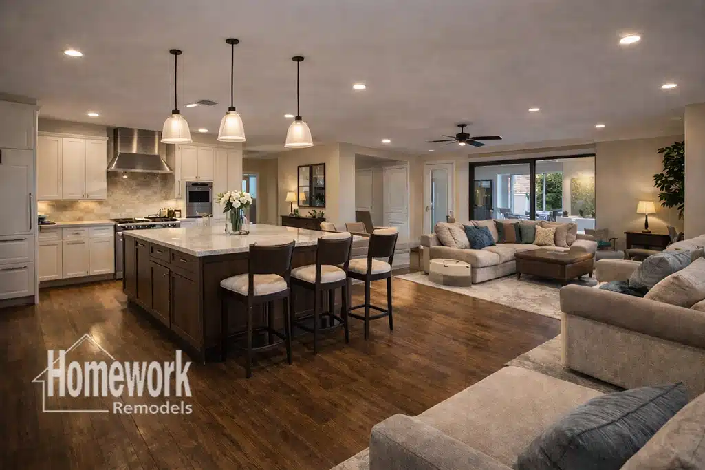 Spacious modern Arcadia kitchen and living area with wood floors, large island, pendant lights, white cabinets, stainless appliances, and a cozy seating area—perfect for high-value homes. Homework Remodels logo in corner.
