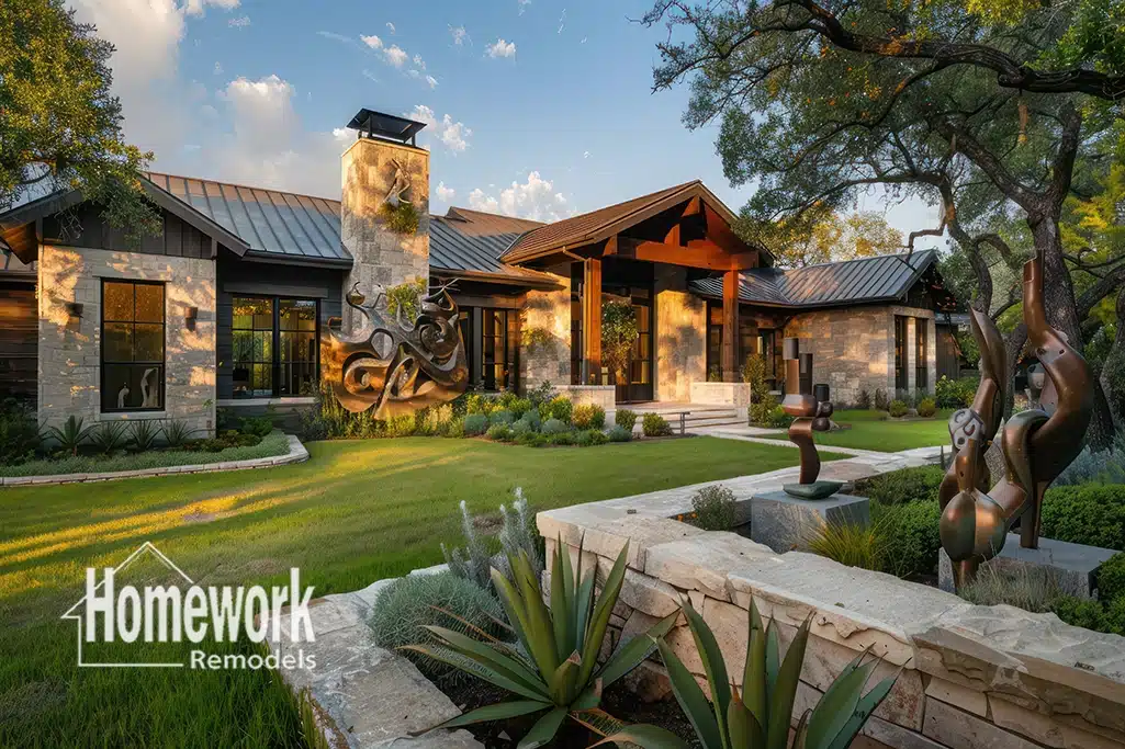 A modern house with large windows, stone and wood exterior, metal roof, artistic sculptures in the landscaped front yard—showcasing a stunning remodel in Arcadia Lite—with the Homework Remodels logo in the lower left corner.
