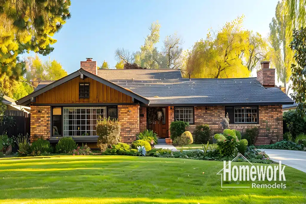A single-story brick and wood house on arcadia with large windows, a well-kept front yard, green lawn, and shrubs showcases architectural character. Sunlight filters through tall trees. The Homework Remodels logo appears in the lower right corner.