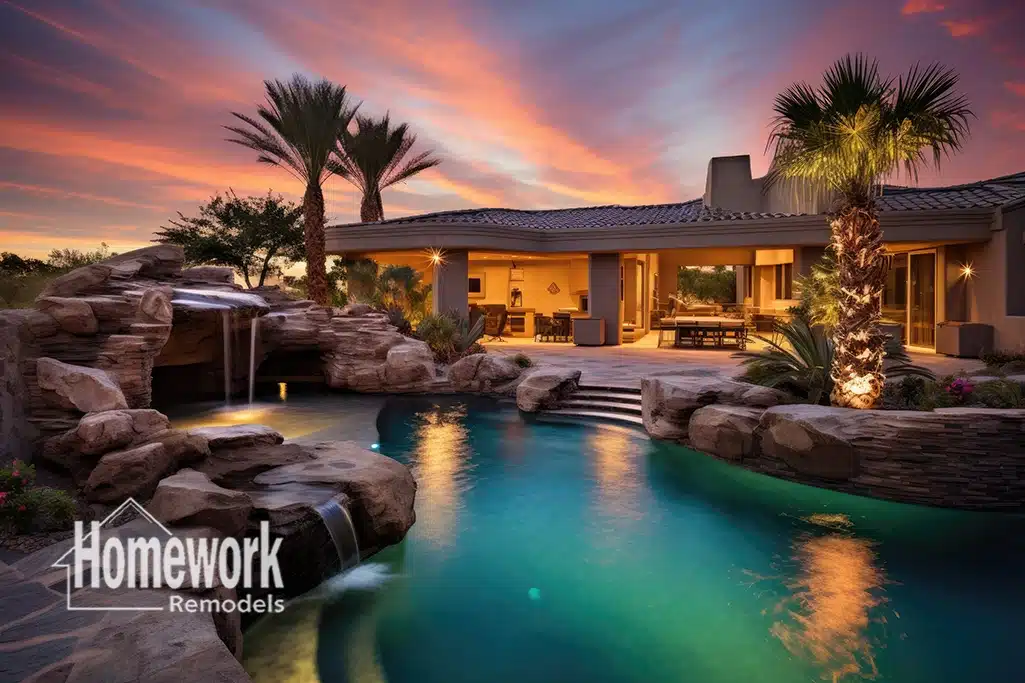 A luxurious Biltmore backyard with a lagoon-style pool, rock waterfall, and palm trees at sunset. A modern Design-Build home with an outdoor seating area and warm lighting stands in the background. The Homework Remodels logo appears in the corner.