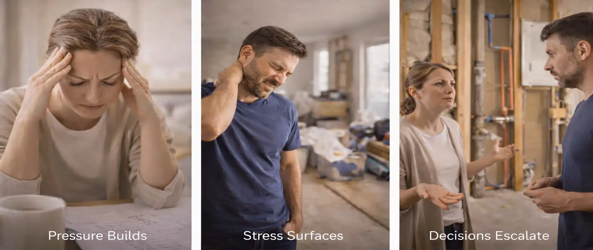 Three panels show: a woman looking stressed with her head in her hands (Pressure Builds), a man rubbing his neck in frustration from construction stress (Stress Surfaces), and the two having a tense conversation over construction problems (Decisions Escalate).