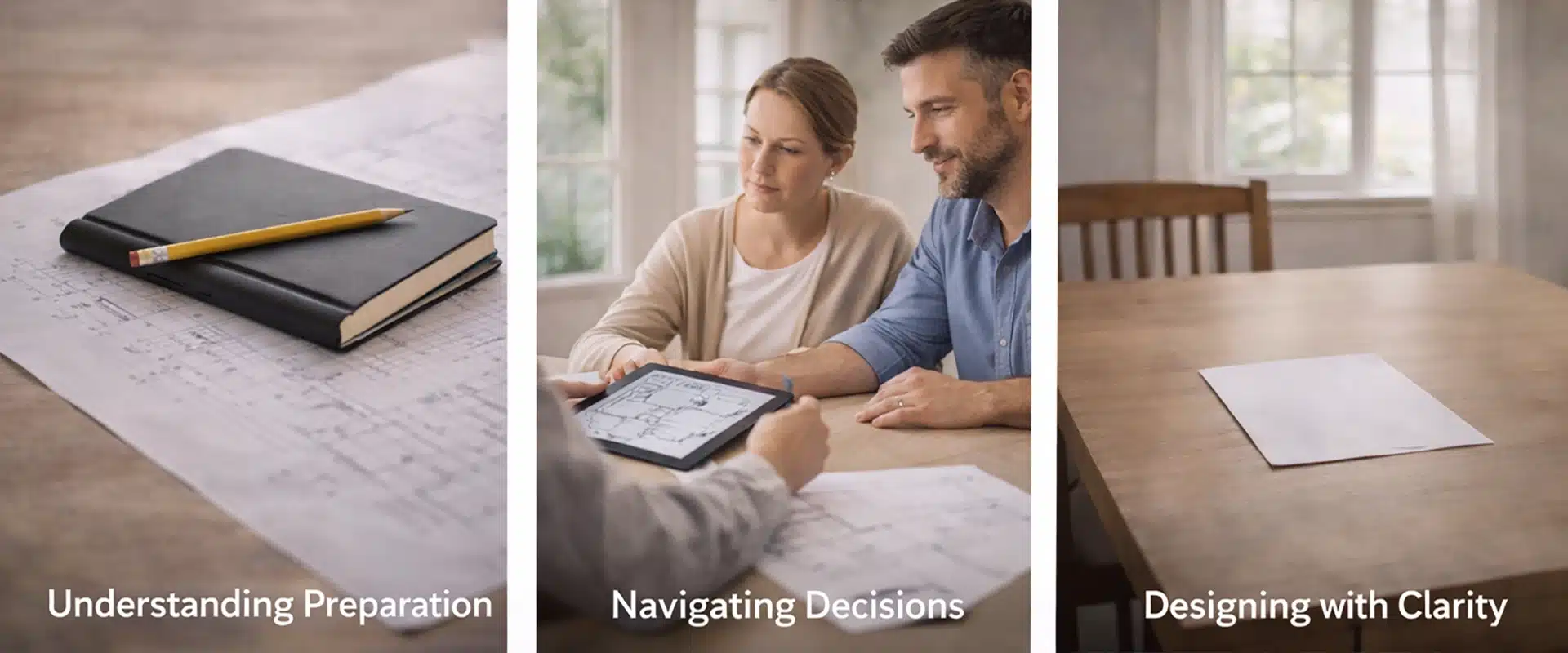 A notebook and pencil on blueprints, a couple reviewing plans with a professional on a tablet, and a blank sheet on a wooden table illustrate preparation, decision-making, and clear design. Text: Understanding Preparation, Navigating Decisions, Designing with Clarity.
