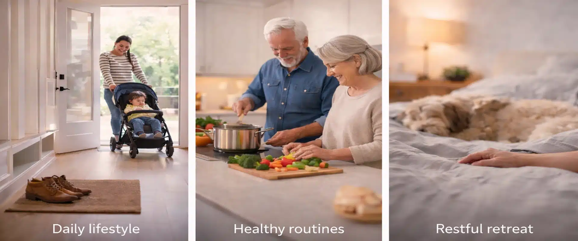 A collage shows: a parent pushing a toddler in a stroller (“Daily lifestyle”); an older couple cooking together (“Healthy routines”); and a hand resting beside a sleeping dog (“Restful retreat”)—moments that add long term value to everyday living.