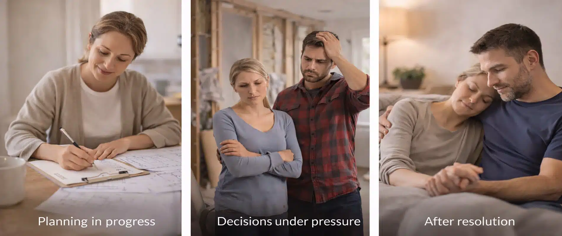 Three panels show: a woman writing home renovation plans, a worried couple making remodeling decisions, and the same couple relaxed and embracing on a couch. Captions: Planning in progress, Decisions under pressure, After resolution—peace of mind.