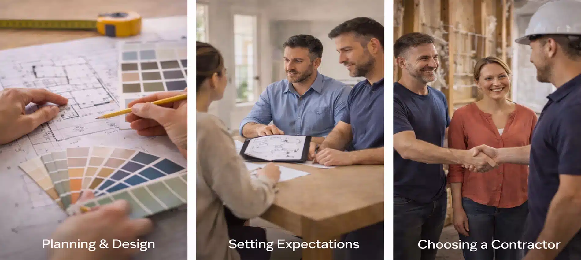 Three panels show phases of the pre construction process: selecting paint colors and making plans, meeting to discuss expectations, and shaking hands with a contractor before construction starts. Text: Planning & Design, Setting Expectations, Choosing a Contractor.