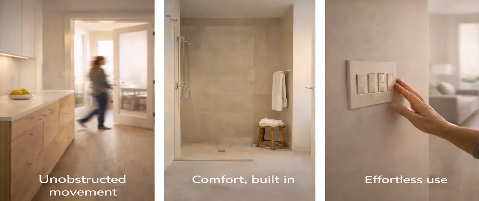 A collage of three images: a person walking through a sunlit doorway in a kitchen; a modern bathroom with a walk-in shower and stool; and a hand pressing a light switch. Text reads: Unobstructed movement, Comfort, built in, Effortless use—accessible design.