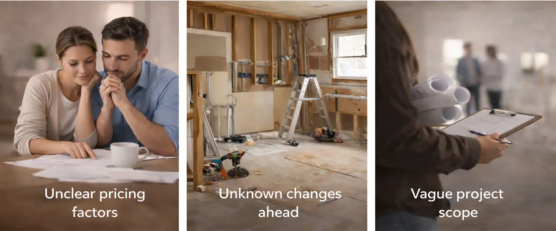 A three-part image: a couple reviewing papers labeled Unclear pricing factors, a messy room under renovation labeled Remodeling unpredictability ahead, and a person with blueprints and clipboard labeled Vague project scope.
