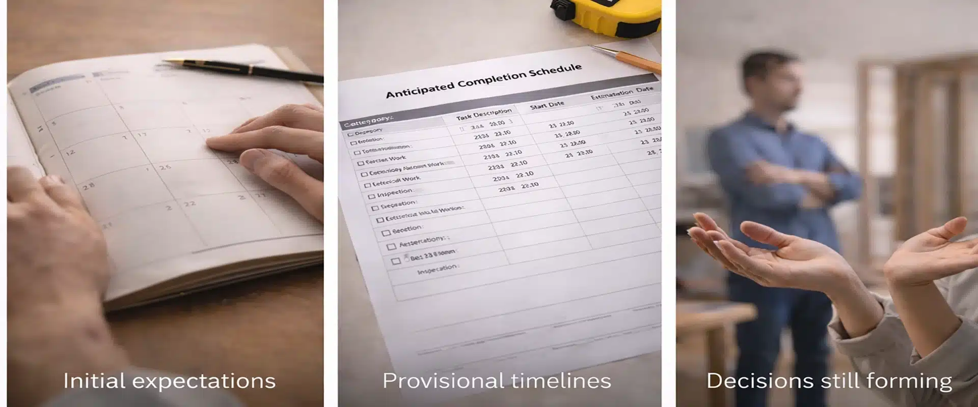 A three-panel image: left shows a hand writing in a calendar labeled Initial expectations, middle has a printed schedule labeled Provisional timelines, right shows blurred people talking with Decisions still forming—highlighting unpredictable remodeling during home renovation.