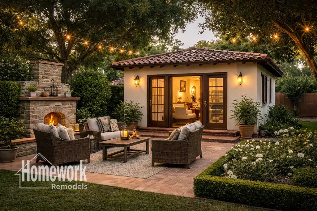 A cozy backyard exudes modern living with a guest house featuring French doors, string lights, wicker patio furniture, a stone fireplace, and lush landscaping—reflecting the charm of Encanto-Palmcroft homes. The Homework Remodels logo appears in the lower left corner.