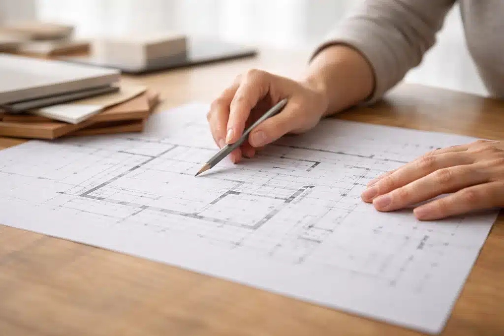 Close-up of a persons hands working on an architectural blueprint with a pencil on a wooden desk, with notebooks and materials in the background.