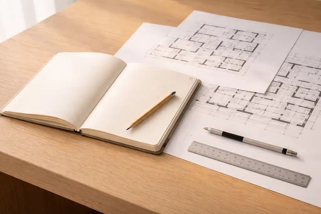 A notebook with a pencil lies open on a wooden desk next to architectural floor plans, a pen, and a metal ruler—capturing the careful planning and awareness of remodeling risk essential in design or construction projects.