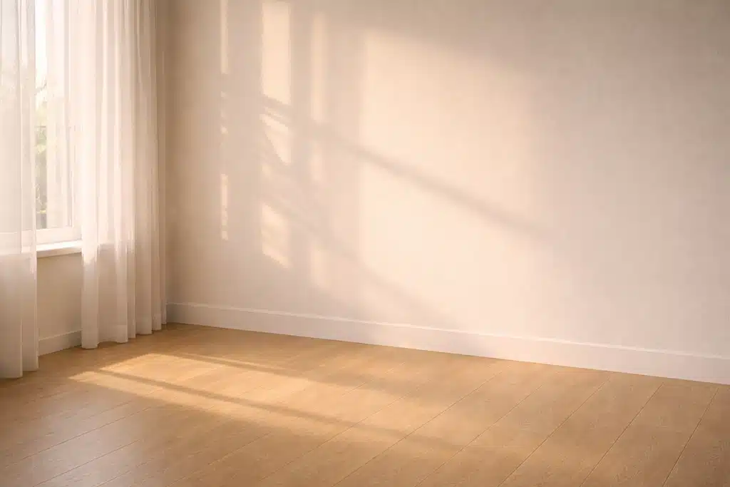Sunlight streams through a window with sheer white curtains, casting soft shadows on the blank beige wall and wooden floor—hinting at the calm before home renovation brings both excitement and remodeling challenges to this empty room.
