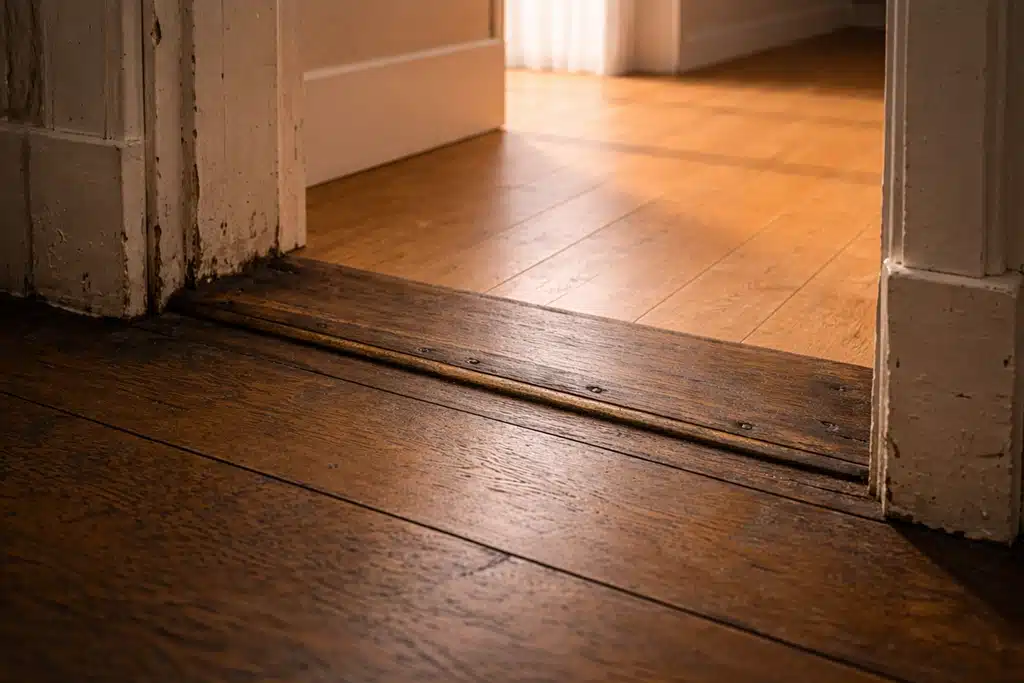 Close-up of a wooden floor threshold in an older home renovation, with warm sunlight streaming through an open doorway and softly illuminating the polished floorboards, preserving home character.